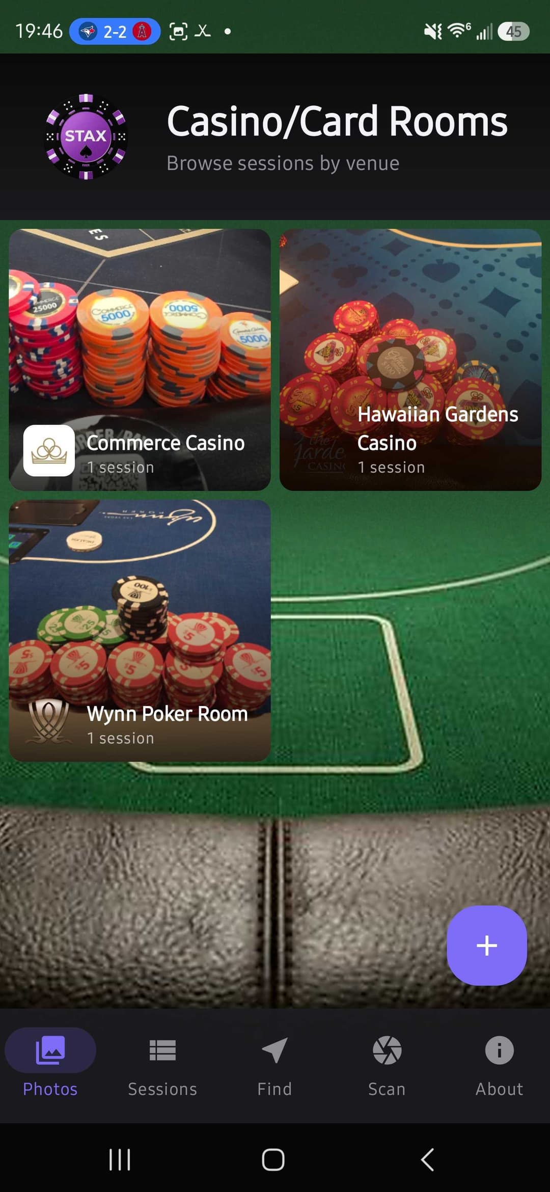 STAX app — Casino sessions dashboard